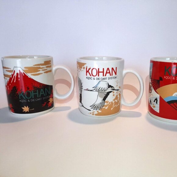 Vintage Japanese Art Mugs Set of 3 Kohan Kobayashi Stork Fan Volcano - Picture 1 of 12
